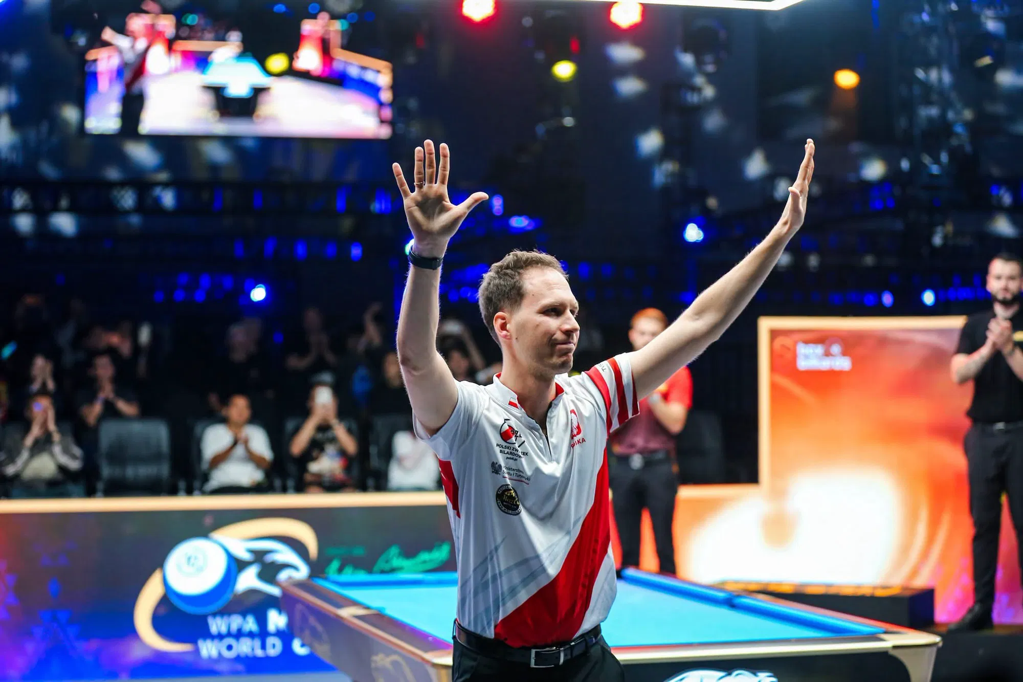 Wojciech Szewczyk celebrates winning the 2026 WPA Men's 10-Ball World Championship